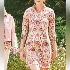 Spartina 449 dress Nora half zip mystic moss stencil coral Xxs NEW brown pink
